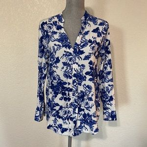 Soft Surroundings Blue Rose Button Front Blouse Sz S